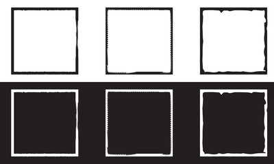 Grunge photo frame template collection. Rectangular old rough edge effect border for picture overlay.   Vector illustration isolated on white and black  background. EPS 10