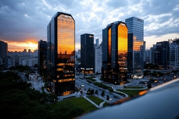 Fototapeta premium An urban skyline at sunset, with the warm glow reflecting off modern skyscrapers, creating a beautiful contrast between nature and architecture