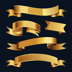Golden ribbon and banner vector set, an award-winning collection of curled vintage designs and blank flag illustrations