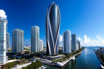 Fototapeta premium An urban waterfront development, with sleek residential towers, retail spaces, and parks being built along a river or marina