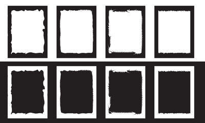 Grunge photo frame template collection. Rectangular old rough edge effect border for picture overlay.   Vector illustration isolated on white and black  background. EPS 10