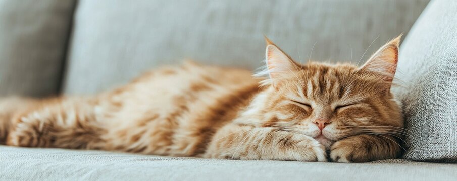A cozy orange cat peacefully sleeping on a soft couch, showcasing tranquility and relaxation in a home environment.