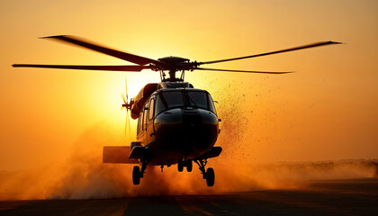 Helicopter Landing at Sunset in a Dusty Terrain
