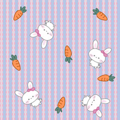 Vector pattern of fabric, wallpaper, wrapping paper, mats and bed sheets. Continuous and repeatable. Cute style. Illustration of a white rabbit tied with a bow and decorated with empty carrots.