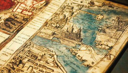 Obraz premium Antique maps of old cities or unexplored territories, with faded colors and intricate details, giving a historic and adventurous vibe.