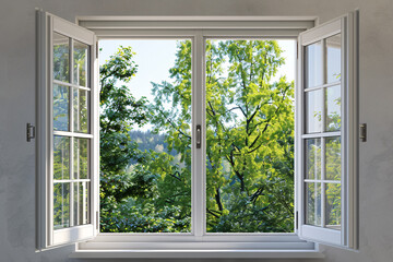 open pvc window frame with view on trees