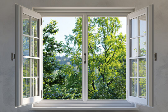 Fototapeta open pvc window frame with view on trees