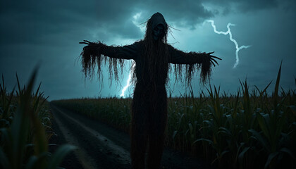 Haunting Scarecrow in Stormy Cornfield
