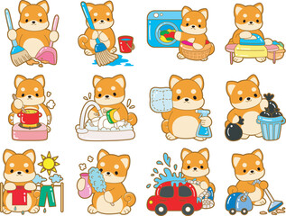 Cute puppy kawaii dog lovely animal vector icon. Fluffy Shiba Inu pet stickers. Happy doggy activities illustrations.
