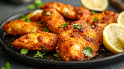 Fototapeta premium A platter of spicy and crispy masala fish fry served with lemon wedges