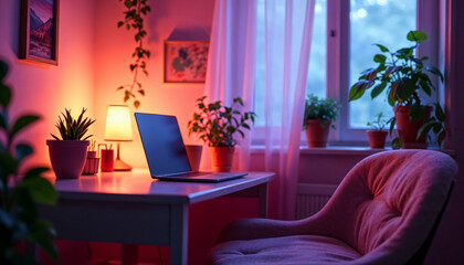 Cozy Home Office with Neon Lighting and Plant Decor