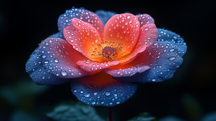 Vibrant rose flower with blue petals and water droplets, macro photography
