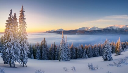 Obraz premium Winter landscape with frosty trees and a mountain view suitable for a copy space. Beautiful winter landscape with snow-covered trees.Merry Christmas and Happy New Year greeting background 