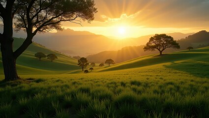 Fototapeta premium Golden Sunrise Over Rolling Hills and Trees