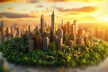 Obraz premium A Miniature Cityscape with Green Foliage under a Sunset Sky
