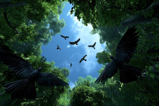Hyper-realistic rainforest canopy, with detailed birds, vines, and trees, capturing the vast diversity of life thriving high above the forest floor