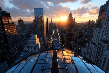 Hyper-realistic view of a city skyline at sunrise, with detailed reflections on glass buildings and warm light casting long shadows across the streets