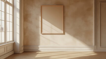 Mock up frame in a large empty room with light cream walls, 3D render 