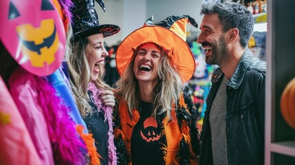 A fun scene of adults shopping together for Halloween costumes, trying on various outfits and laughing at their choices