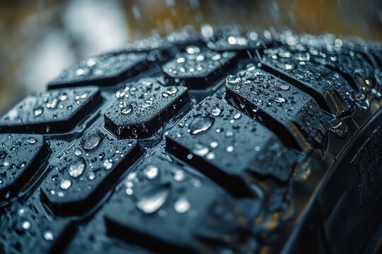 Close-up of wet car tires after a rainy day, glistening with raindrops.