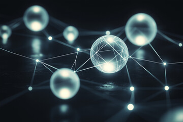 Abstract glowing network of connected spheres and lines, representing futuristic digital communication and advanced technology