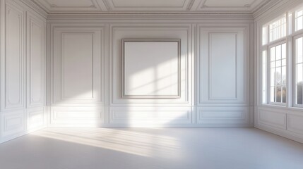 Mock up frame in a minimalist empty room with clean white walls, 3D render 