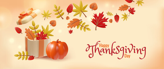 3d thanksgiving banner with pumpkins and fall leaves design.