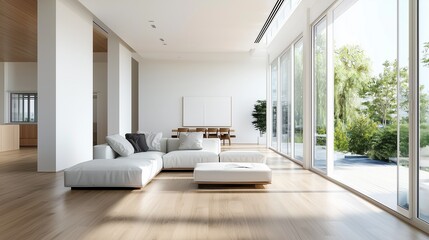 Modern living room with white sofa, large windows, and wooden flooring overlooking a garden.