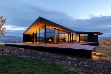 Fototapeta premium Minimalist rural house silhouette, with clean lines representing a simple, peaceful countryside home