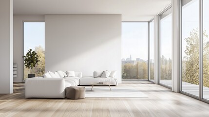 Bright minimalist living room with white sofa, large windows, and wooden flooring in a modern home.
