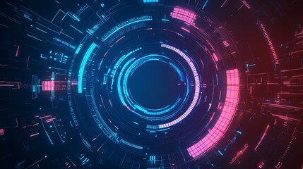 Abstract glowing digital ring with blue and red lights on a dark background.