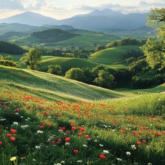 Serene Meadow Landscape with Red Flowers