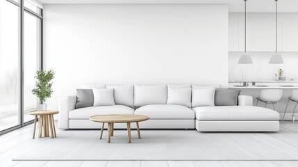 Minimalist white living room with comfortable sofa and wooden coffee tables in modern apartment.