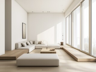  Modern minimalist living room with white furniture and large windows in a bright apartment.