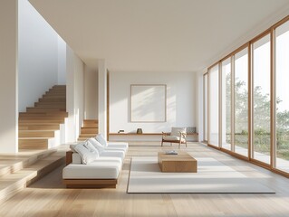 A minimalist living room featuring a low-profile white sofa, a wooden coffee table, and a sleek wooden staircase leading to the upper floor.