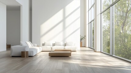 Bright minimalist living room with white sofa, wooden coffee table, and floor-to-ceiling windows.