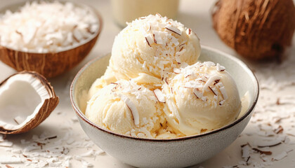 Fototapeta premium Coconut ice cream scoops being served in ceramic bowl