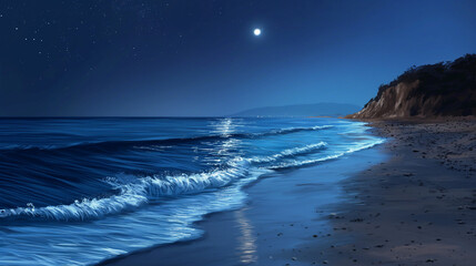 Quiet beach scene with a serene mood at night, waves gently lapping on the shore under a starlit sky during the longest night