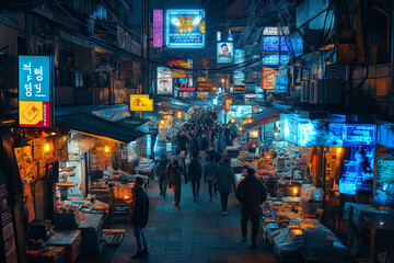 Naklejka premium High-Tech Hustle at a Neon-Lit Cyberpunk Street Market