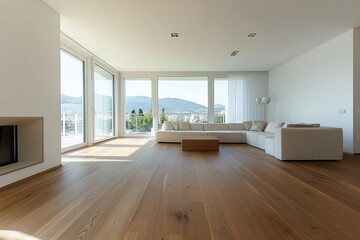 Modern living room with panoramic mountain view and large glass windows.