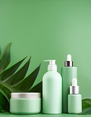 Green beauty products on a green background