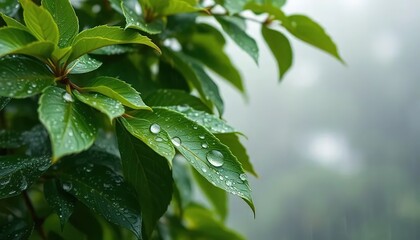 Obraz premium Close-up, leaves with raindrops in nature on a blurred background