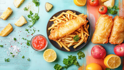Traditional british fish and chips lying on a colorful tabletop