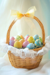 A decorative wicker basket filled with colorful Easter eggs, adorned with a large yellow bow, resting on a light and airy background.