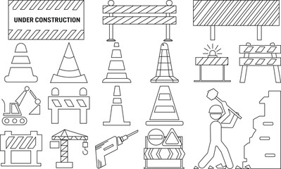 Construction Maintenance icon set for logo and T-Shirt. Thin line art editable stroke.