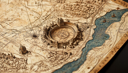 Naklejka premium Antique maps of old cities or unexplored territories, with faded colors and intricate details, giving a historic and adventurous vibe.