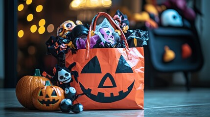 A shopping bag filled with an assortment of Halloween masks and accessories, ready for a night of trick-or-treating fun