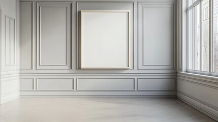 Mock up frame in an empty Scandinavian-style room with soft grey walls, 3D render 