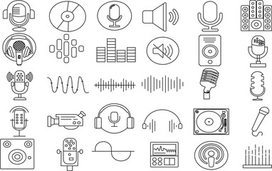Podcast Microphone icon set for logo and T-Shirt. Thin line art editable stroke.