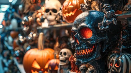 Fototapeta premium A close-up of a Halloween store display featuring various creepy props and decorations, setting the mood for the season